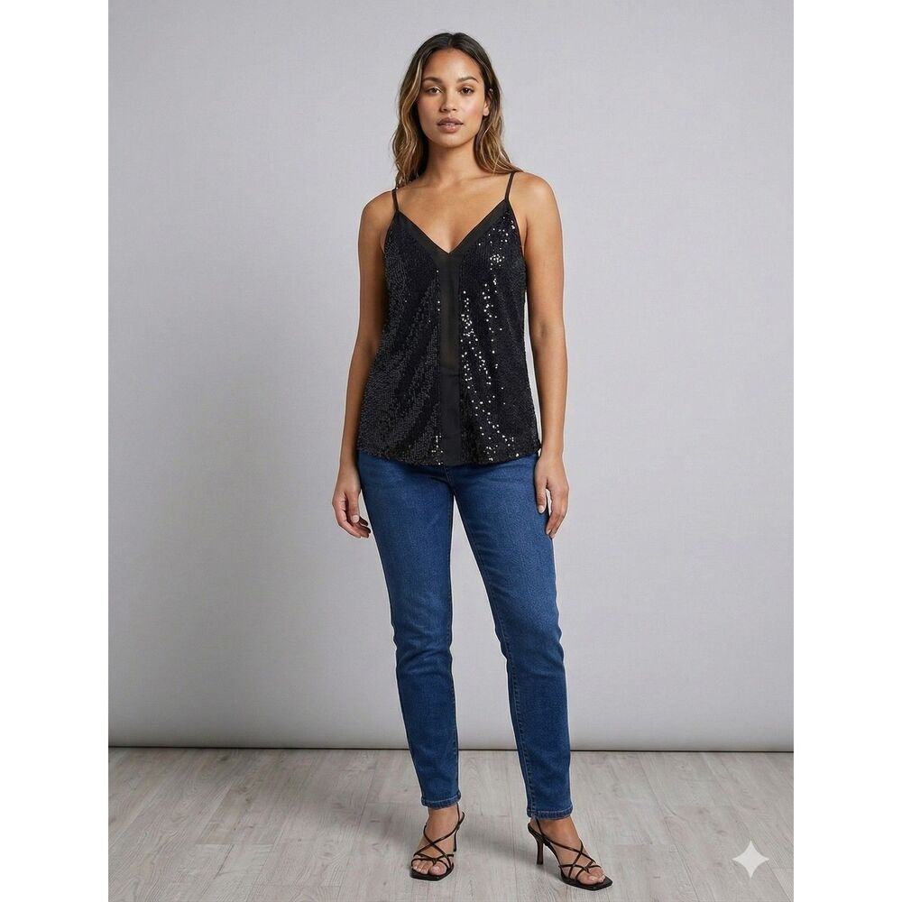 ❤️Sequin Tback Cami Womens Small Black Sequin Vneck Party Night Sparkle❤️ - Picture 12 of 12